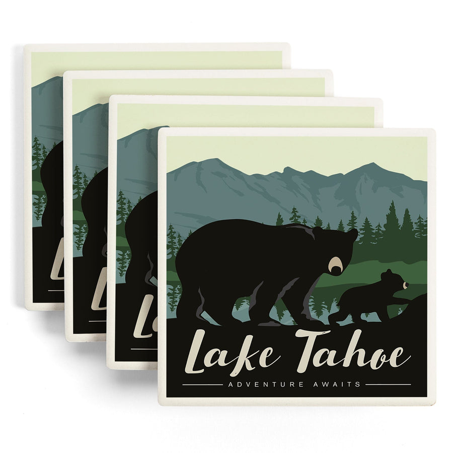 Lake Tahoe, Black Bear & Cub, Lantern Press Artwork, Coaster Set - Lantern Press