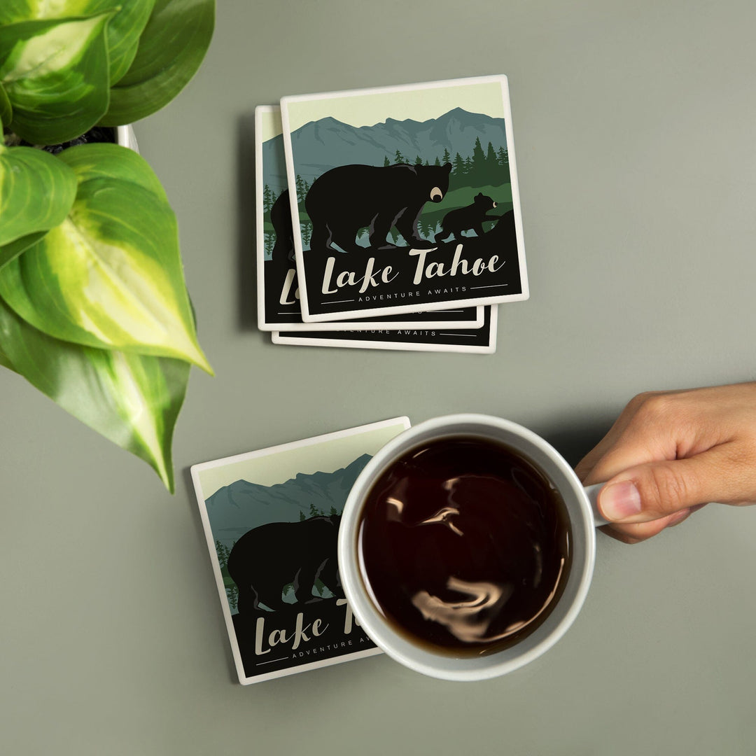 Lake Tahoe, Black Bear & Cub, Lantern Press Artwork, Coaster Set - Lantern Press