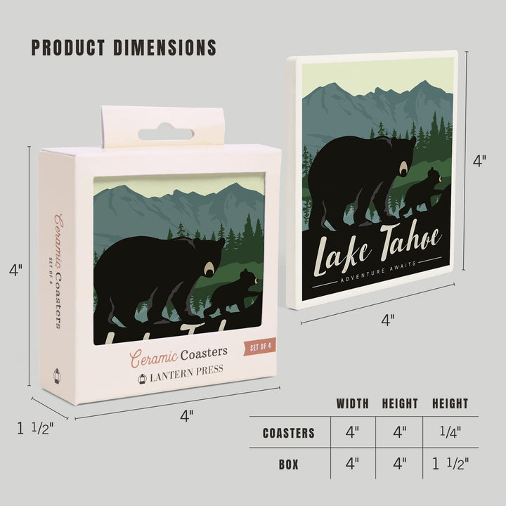 Lake Tahoe, Black Bear & Cub, Lantern Press Artwork, Coaster Set - Lantern Press