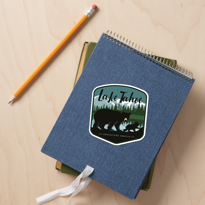 Lake Tahoe, Black Bear & Cub with Snow, Contour, Lantern Press Artwork, Vinyl Sticker Sticker Lantern Press 