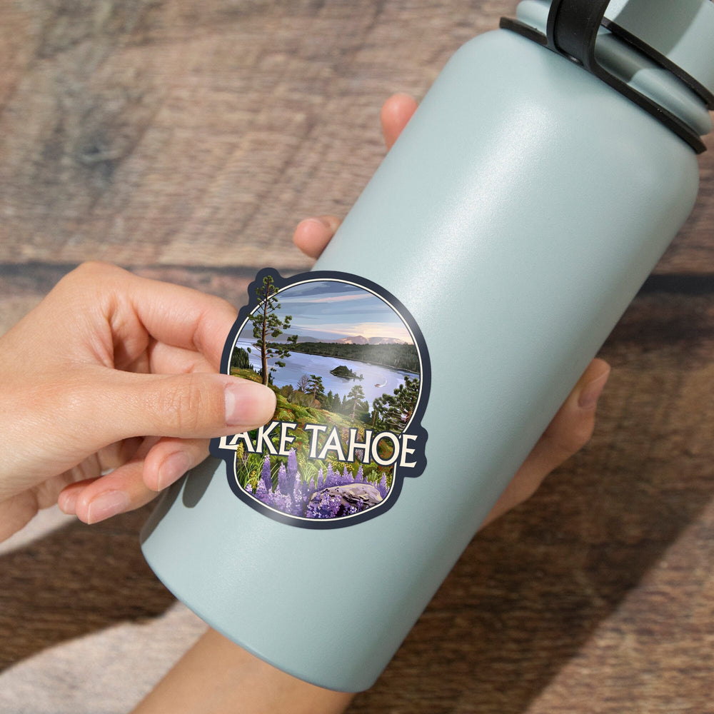 Lake Tahoe, Black Bear & Cubs with Flowers, Contour, Lantern Press Artwork, Vinyl Sticker Sticker Lantern Press 
