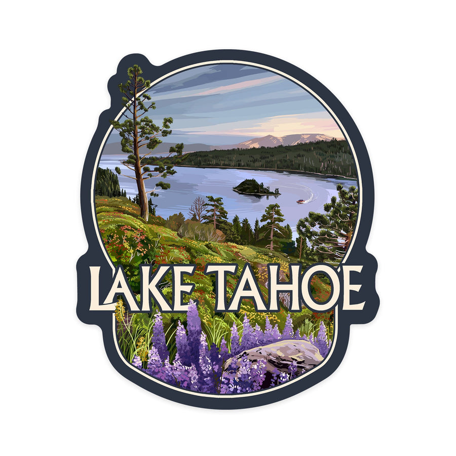 Lake Tahoe, Black Bear & Cubs with Flowers, Contour, Lantern Press Artwork, Vinyl Sticker Sticker Lantern Press 