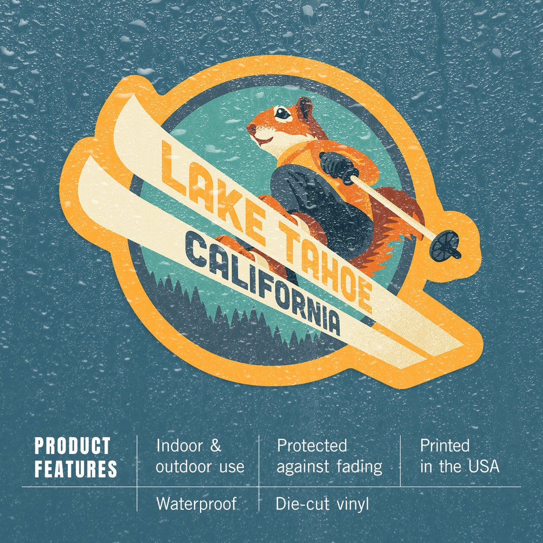 Lake Tahoe, California, Animal Activities Series, Ski Squirrel, Contour, Vinyl Sticker Sticker Lantern Press 