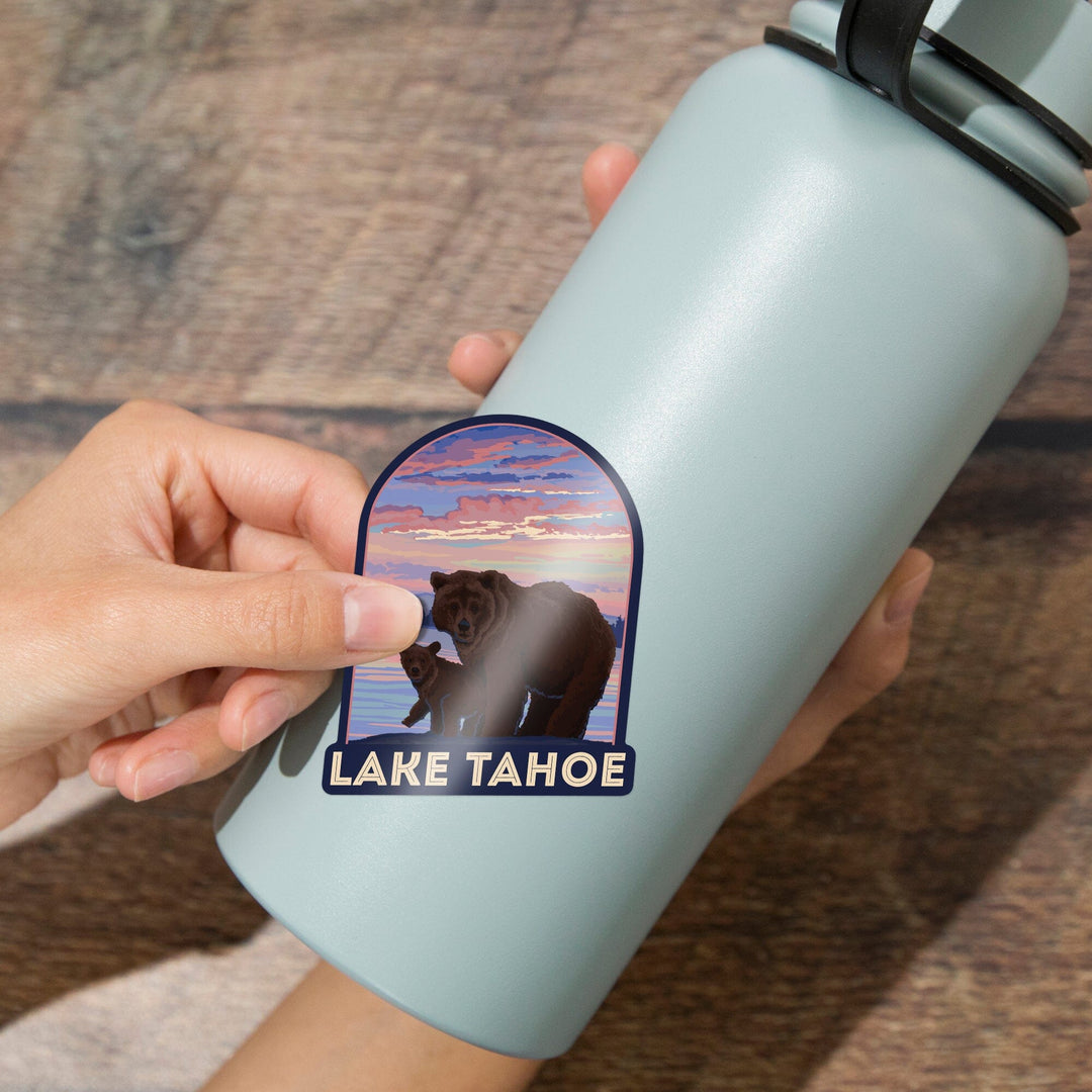 Lake Tahoe, California, Bear and Cub, Contour, Lantern Press Artwork, Vinyl Sticker - Lantern Press