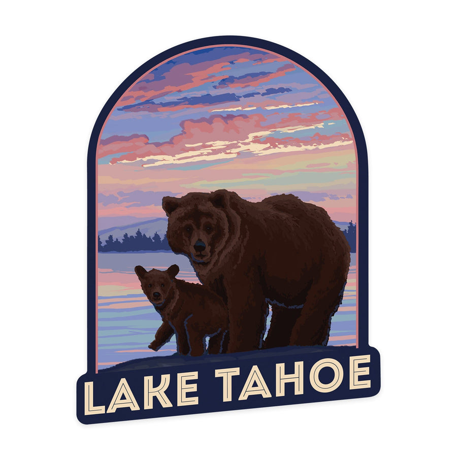 Lake Tahoe, California, Bear and Cub, Contour, Lantern Press Artwork, Vinyl Sticker - Lantern Press