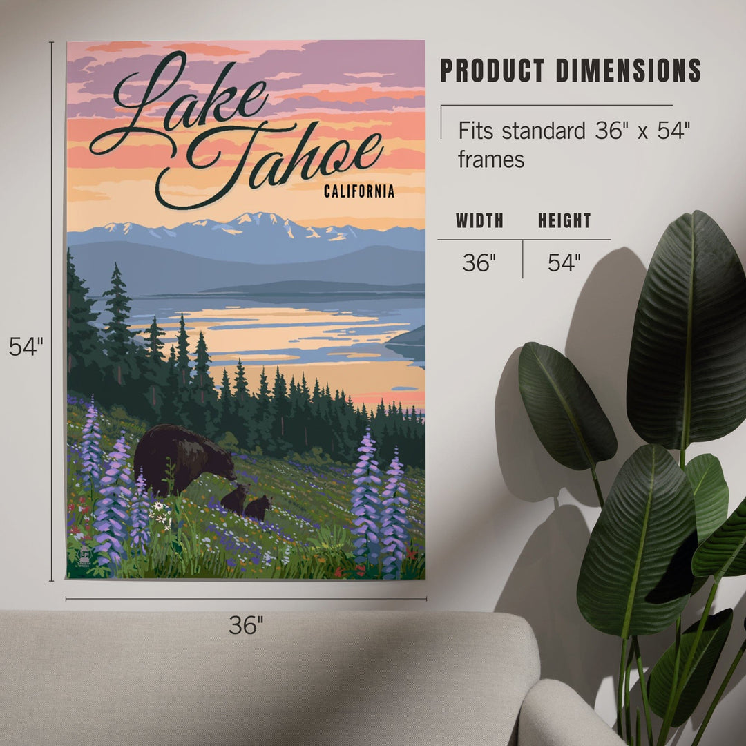 Lake Tahoe, California, Bear and Cubs with Spring Flowers, Art & Giclee Prints Art Lantern Press 