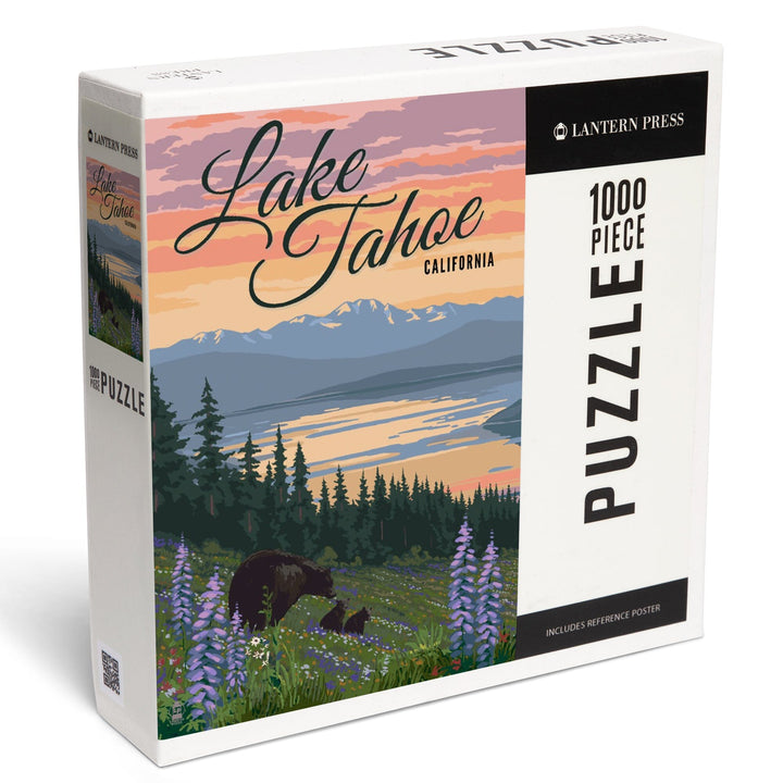 Lake Tahoe, California, Bear and Cubs with Spring Flowers, Jigsaw Puzzle Puzzle Lantern Press 