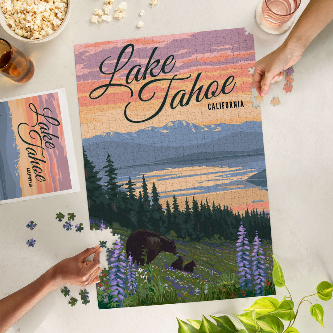 Lake Tahoe, California, Bear and Cubs with Spring Flowers, Jigsaw Puzzle Puzzle Lantern Press 