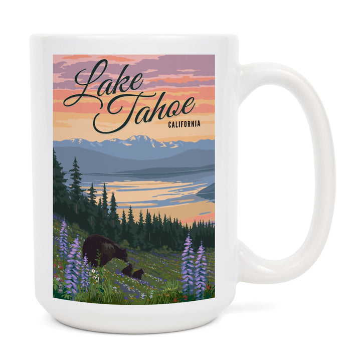 Lake Tahoe, California, Bear and Cubs with Spring Flowers, Lantern Press Artwork, Ceramic Mug - Lantern Press