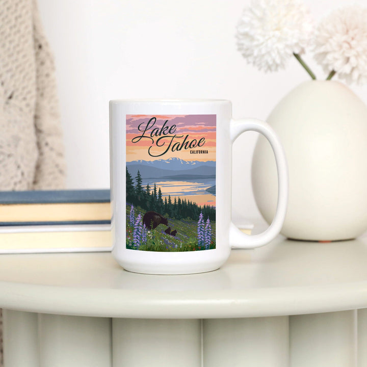 Lake Tahoe, California, Bear and Cubs with Spring Flowers, Lantern Press Artwork, Ceramic Mug - Lantern Press