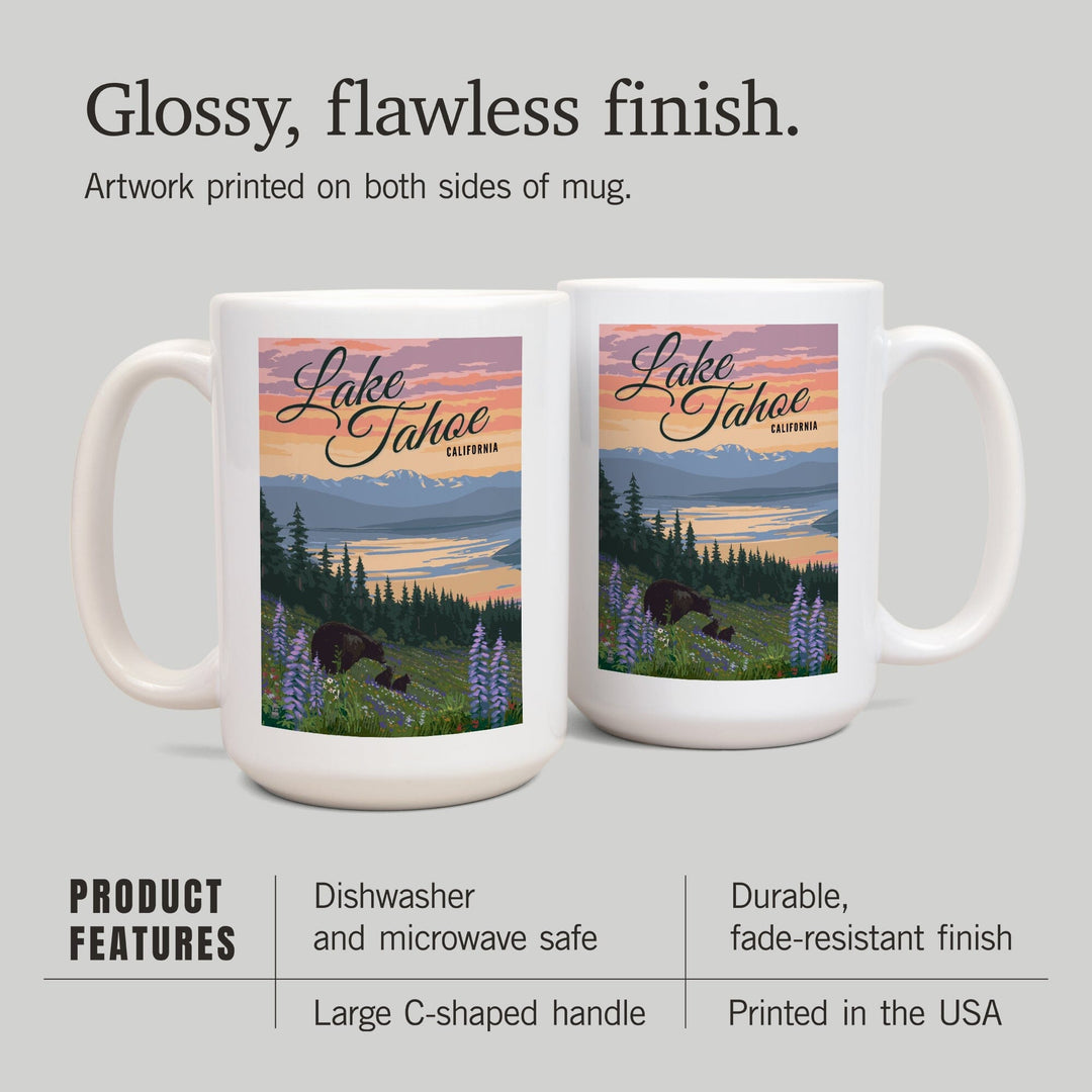 Lake Tahoe, California, Bear and Cubs with Spring Flowers, Lantern Press Artwork, Ceramic Mug - Lantern Press