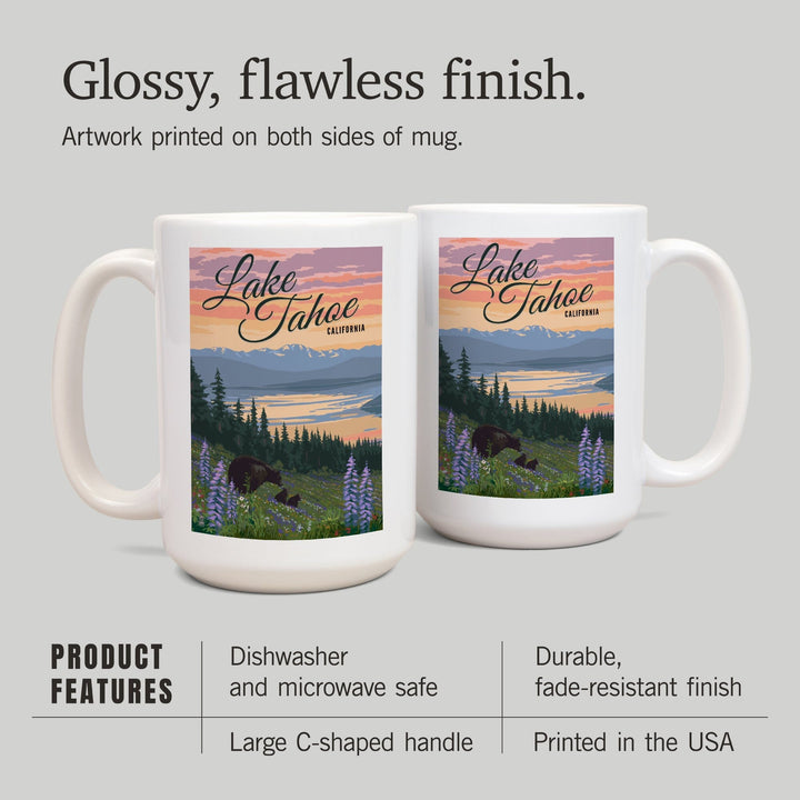 Lake Tahoe, California, Bear and Cubs with Spring Flowers, Lantern Press Artwork, Ceramic Mug - Lantern Press