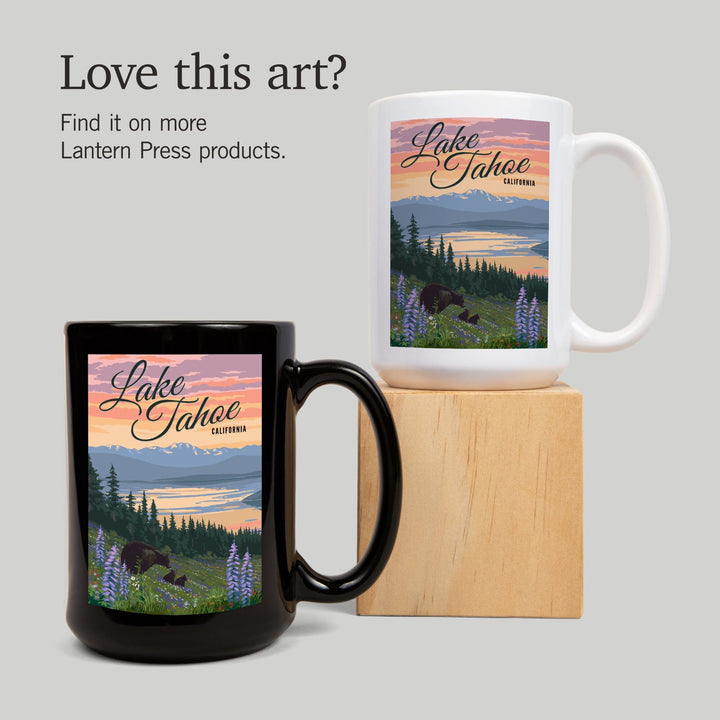 Lake Tahoe, California, Bear and Cubs with Spring Flowers, Lantern Press Artwork, Ceramic Mug - Lantern Press