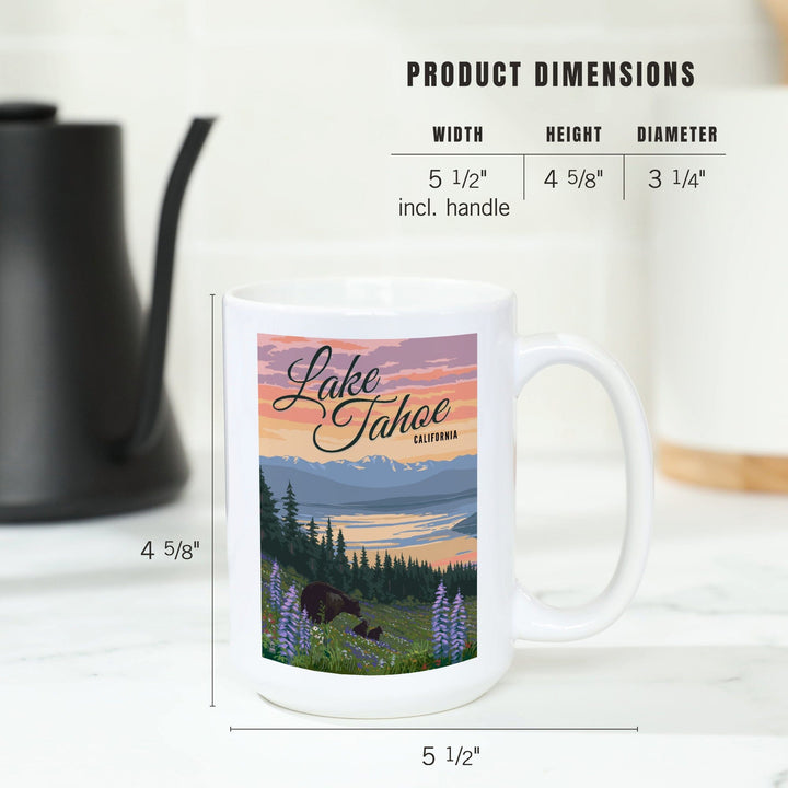 Lake Tahoe, California, Bear and Cubs with Spring Flowers, Lantern Press Artwork, Ceramic Mug - Lantern Press