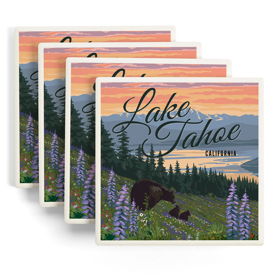 Lake Tahoe, California, Bear and Cubs with Spring Flowers, Lantern Press Artwork, Coaster Set - Lantern Press