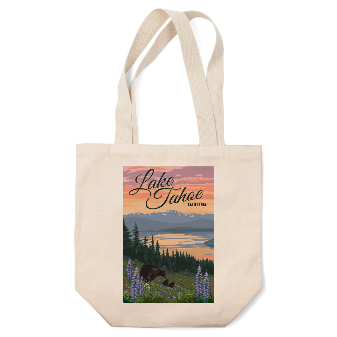 Lake Tahoe, California, Bear and Cubs with Spring Flowers, Lantern Press Artwork, Tote Bag - Lantern Press