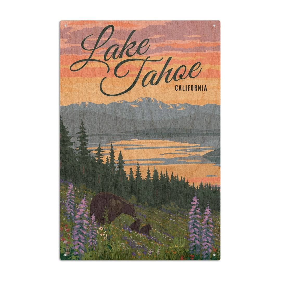 Lake Tahoe, California, Bear and Cubs with Spring Flowers, Lantern Press Artwork, Wood Signs and Postcards Wood Lantern Press 10 x 15 Wood Sign 