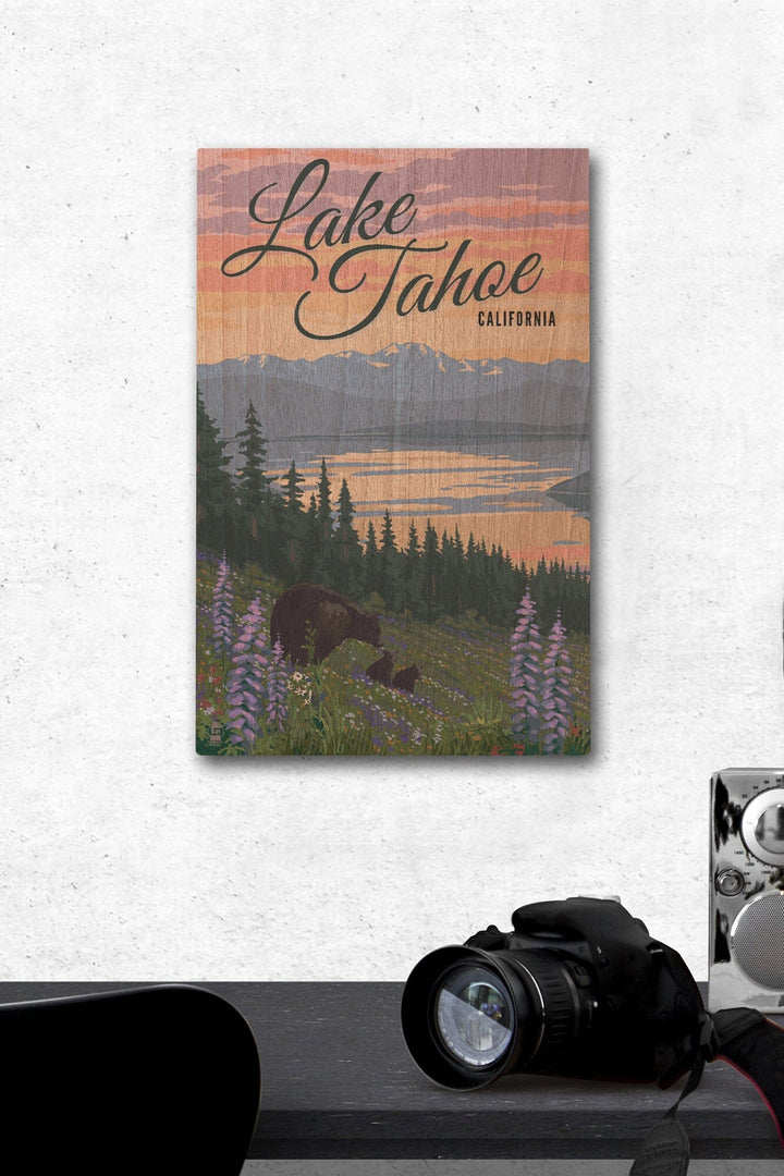 Lake Tahoe, California, Bear and Cubs with Spring Flowers, Lantern Press Artwork, Wood Signs and Postcards Wood Lantern Press 12 x 18 Wood Gallery Print 