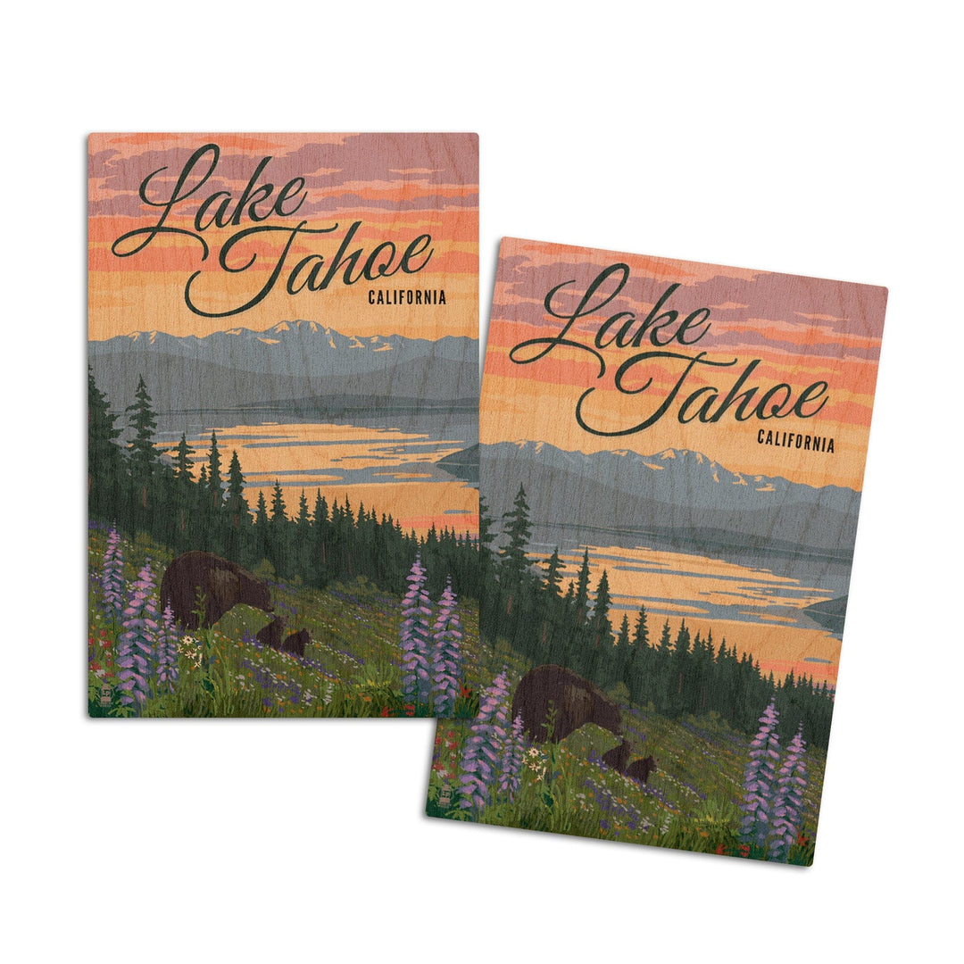 Lake Tahoe, California, Bear and Cubs with Spring Flowers, Lantern Press Artwork, Wood Signs and Postcards Wood Lantern Press 4x6 Wood Postcard Set 