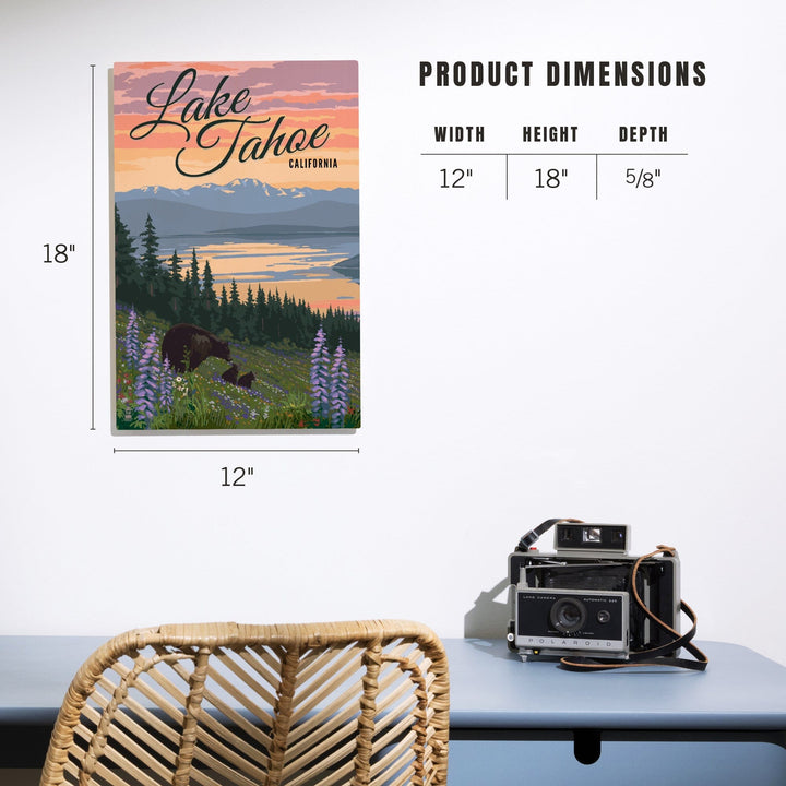 Lake Tahoe, California, Bear and Cubs with Spring Flowers, Lantern Press Artwork, Wood Signs and Postcards Wood Lantern Press 
