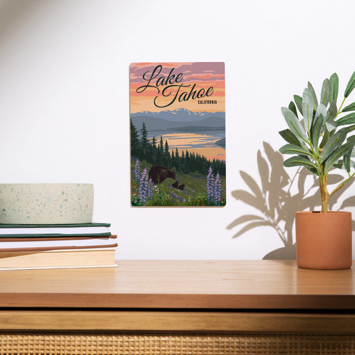 Lake Tahoe, California, Bear and Cubs with Spring Flowers, Lantern Press Artwork, Wood Signs and Postcards Wood Lantern Press 