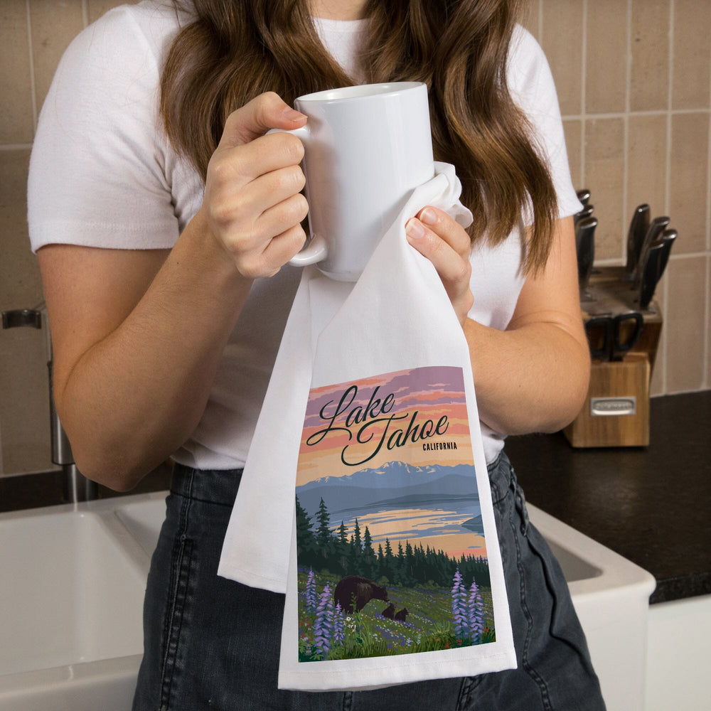 Lake Tahoe, California, Bear and Cubs with Spring Flowers, Organic Cotton Kitchen Tea Towels Kitchen Lantern Press 