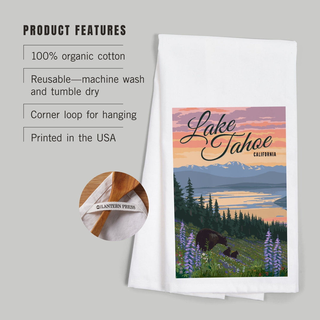 Lake Tahoe, California, Bear and Cubs with Spring Flowers, Organic Cotton Kitchen Tea Towels Kitchen Lantern Press 