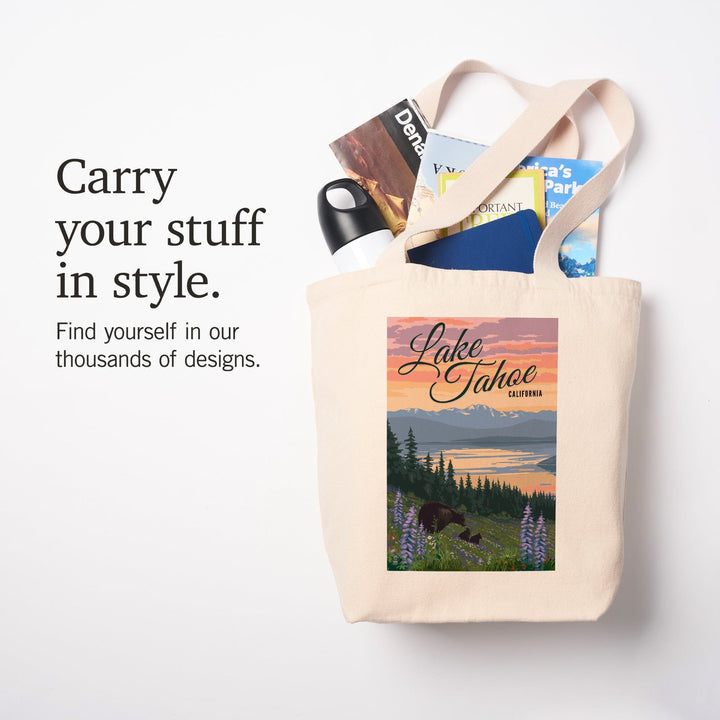 Lake Tahoe, California, Bear and Cubs with Spring Flowers, Tote Bag Totes Lantern Press 