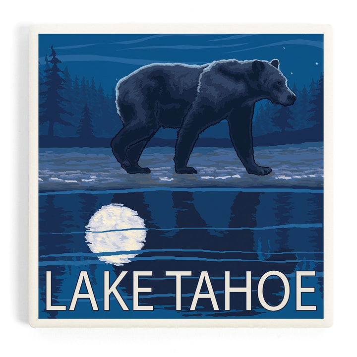 Lake Tahoe, California, Bear at Night, Coasters Coasters Lantern Press Coaster 