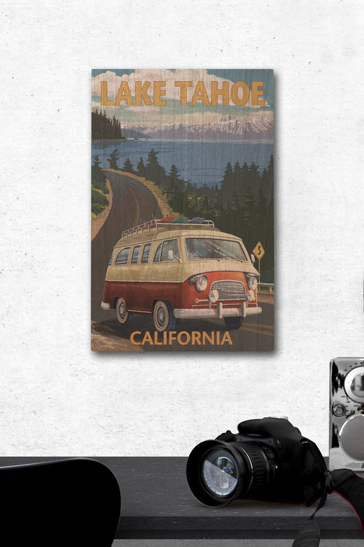 Lake Tahoe, California, Camper Van, Lantern Press Artwork, Wood Signs and Postcards Wood Lantern Press 12 x 18 Wood Gallery Print 