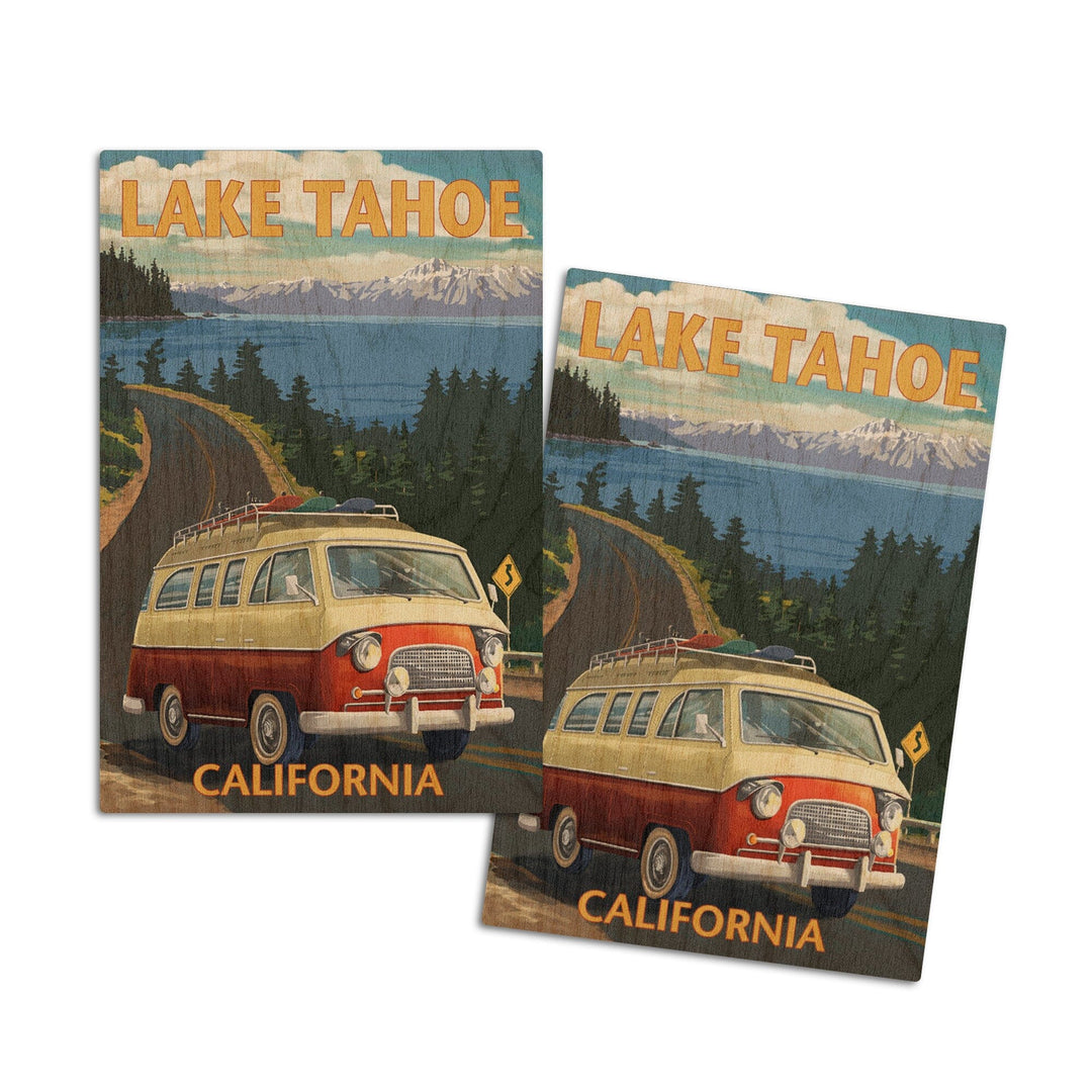 Lake Tahoe, California, Camper Van, Lantern Press Artwork, Wood Signs and Postcards Wood Lantern Press 4x6 Wood Postcard Set 
