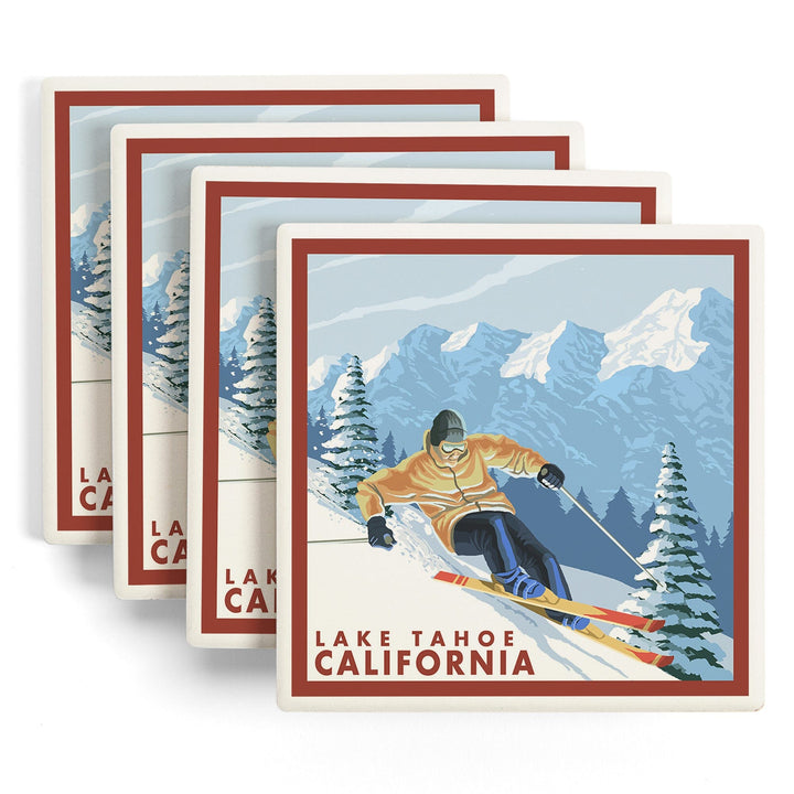 Lake Tahoe, California, Downhhill Snow Skier, Lantern Press Artwork, Coaster Set - Lantern Press