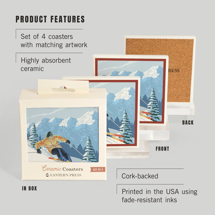 Lake Tahoe, California, Downhhill Snow Skier, Lantern Press Artwork, Coaster Set - Lantern Press