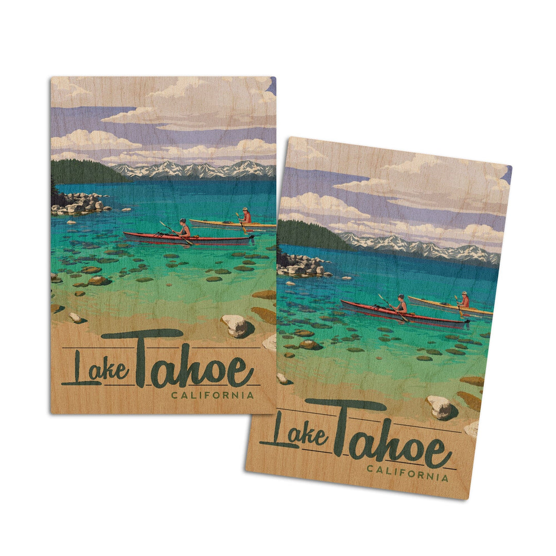 Lake Tahoe, California, Kayakers in Secret Cove, Lantern Press Artwork, Wood Signs and Postcards Wood Lantern Press 4x6 Wood Postcard Set 