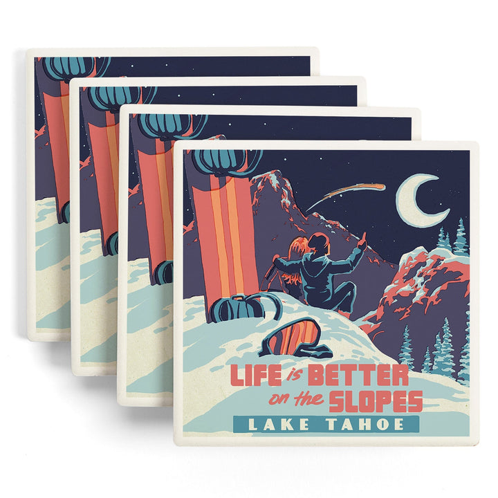 Lake Tahoe, California, Life is Better on the Slopes, Lantern Press Artwork, Coaster Set - Lantern Press