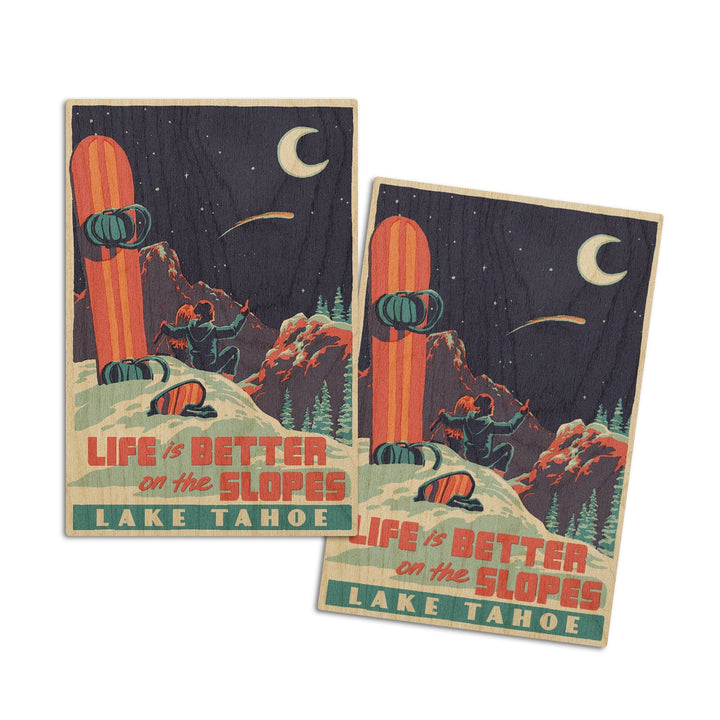Lake Tahoe, California, Life is Better on the Slopes, Lantern Press Artwork, Wood Signs and Postcards Wood Lantern Press 4x6 Wood Postcard Set 