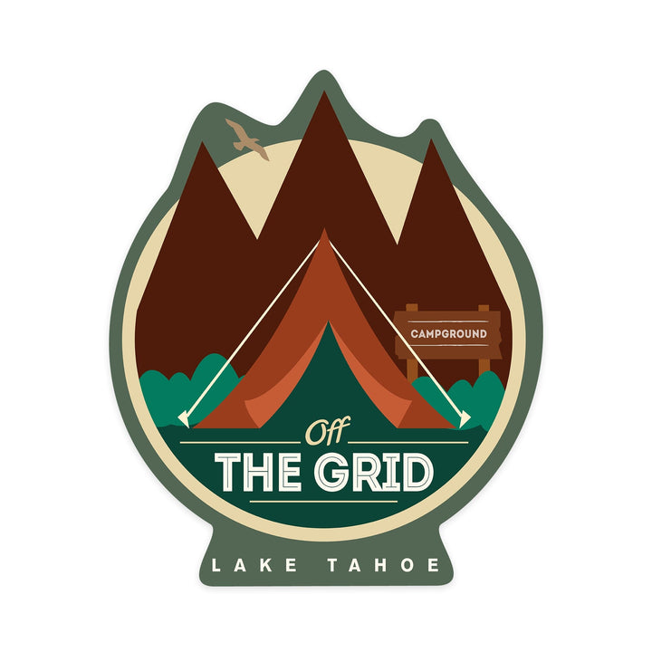 Lake Tahoe, California, Off the Grid, Tent, Contour, Green Background, Lantern Press Artwork, Vinyl Sticker - Lantern Press