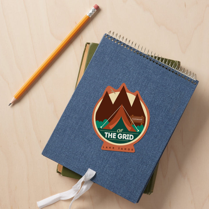 Lake Tahoe, California, Off the Grid, Tent, Contour, Rust Background, Vinyl Sticker - Lantern Press