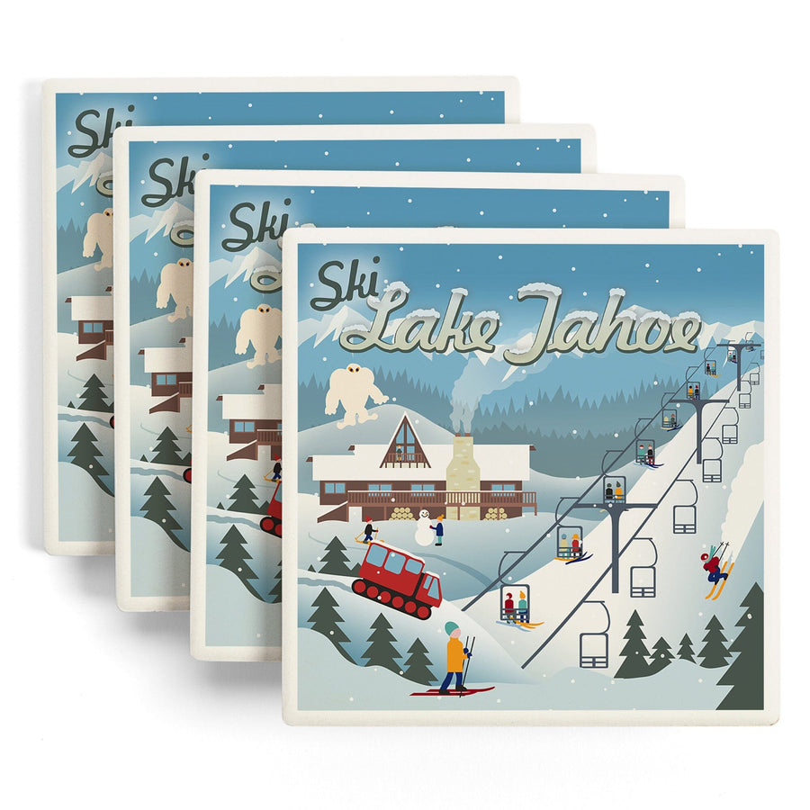 Lake Tahoe, California, Retro Ski Resort, Coaster Set Coasters Lantern Press 