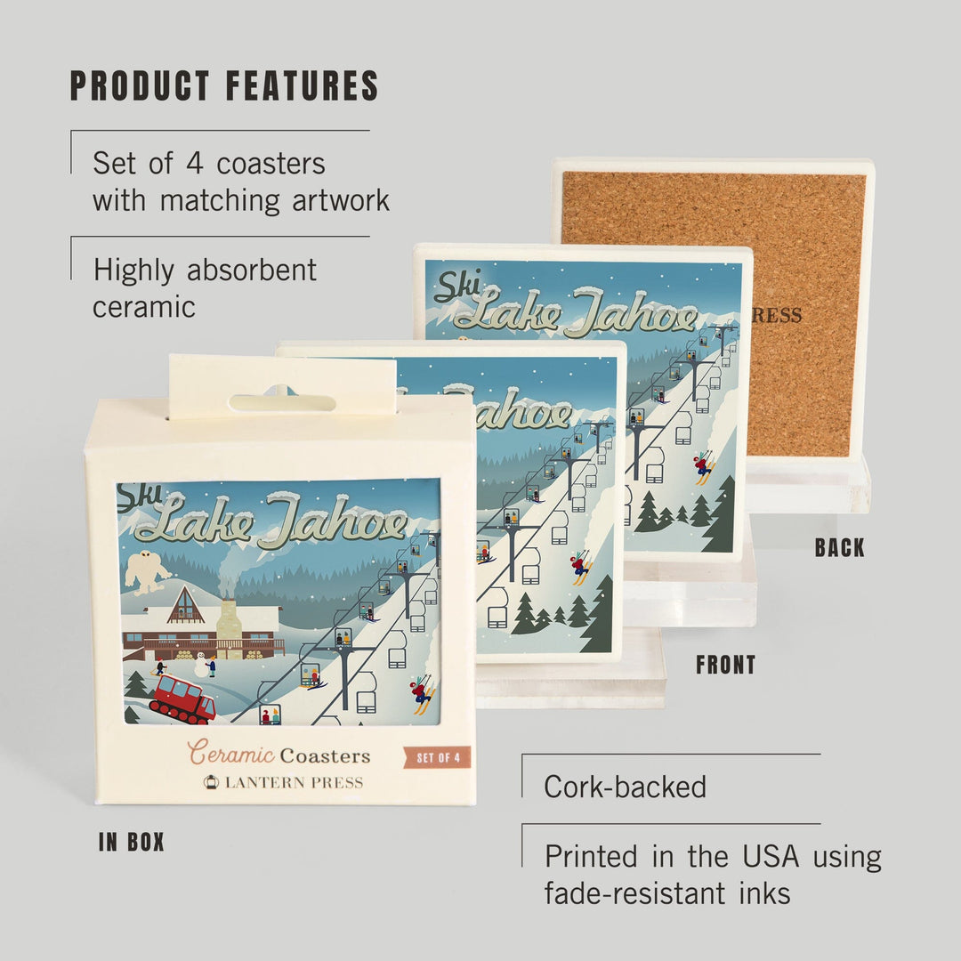 Lake Tahoe, California, Retro Ski Resort, Coaster Set Coasters Lantern Press 