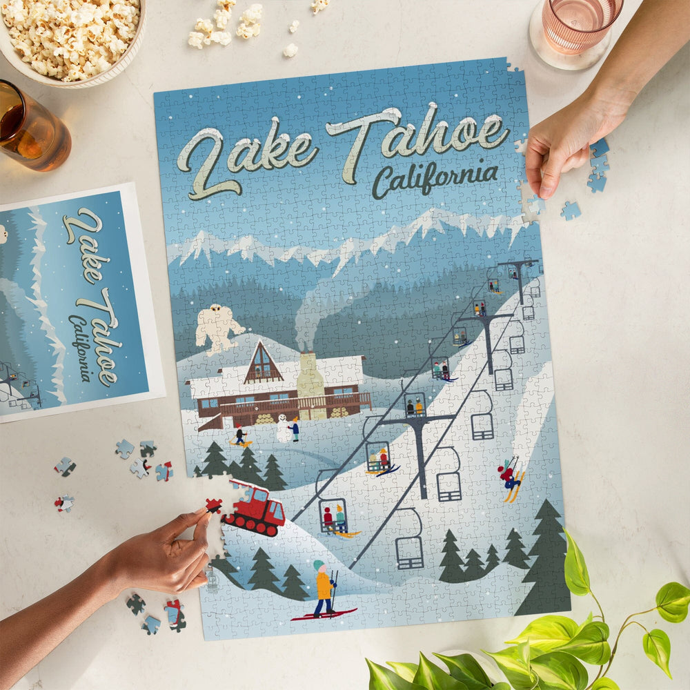 Lake Tahoe, California, Retro Ski Resort, Jigsaw Puzzle Puzzle Lantern Press 