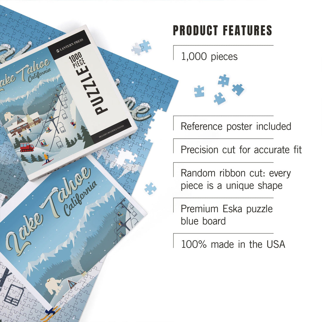 Lake Tahoe, California, Retro Ski Resort, Jigsaw Puzzle Puzzle Lantern Press 