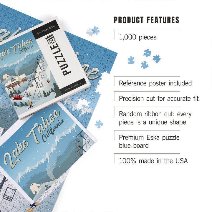 Lake Tahoe, California, Retro Ski Resort, Jigsaw Puzzle Puzzle Lantern Press 