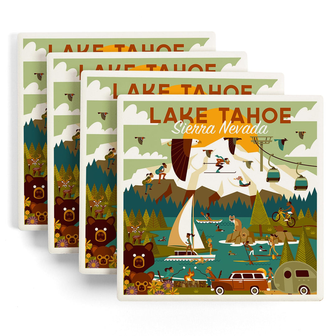 Lake Tahoe, California, Sierra Nevada, Geometric, Lantern Press Artwork, Coaster Set - Lantern Press