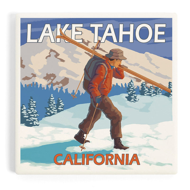Lake Tahoe, California, Skier Carrying Snow Skis, Coasters Coasters Lantern Press 