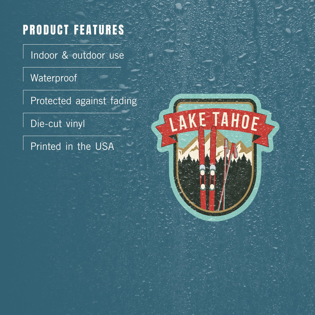 Lake Tahoe, California, Skis and Mountains, Contour, Vinyl Sticker - Lantern Press