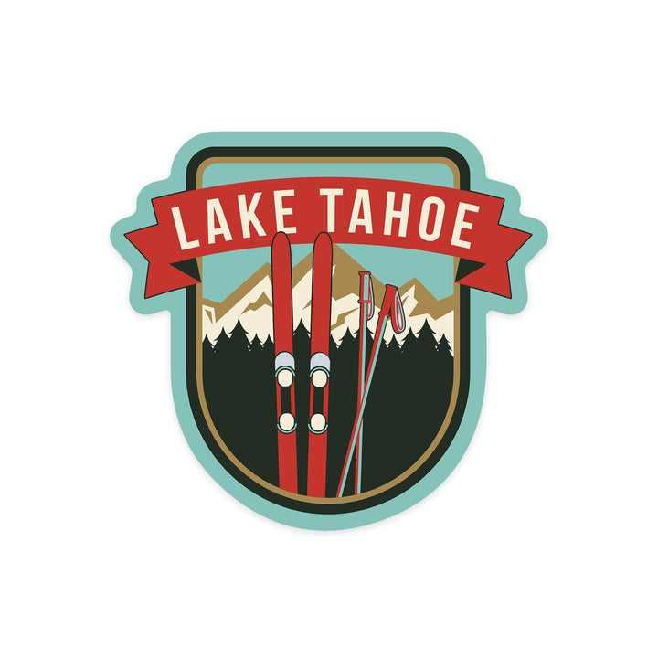 Lake Tahoe, California, Skis and Mountains, Contour, Vinyl Sticker - Lantern Press