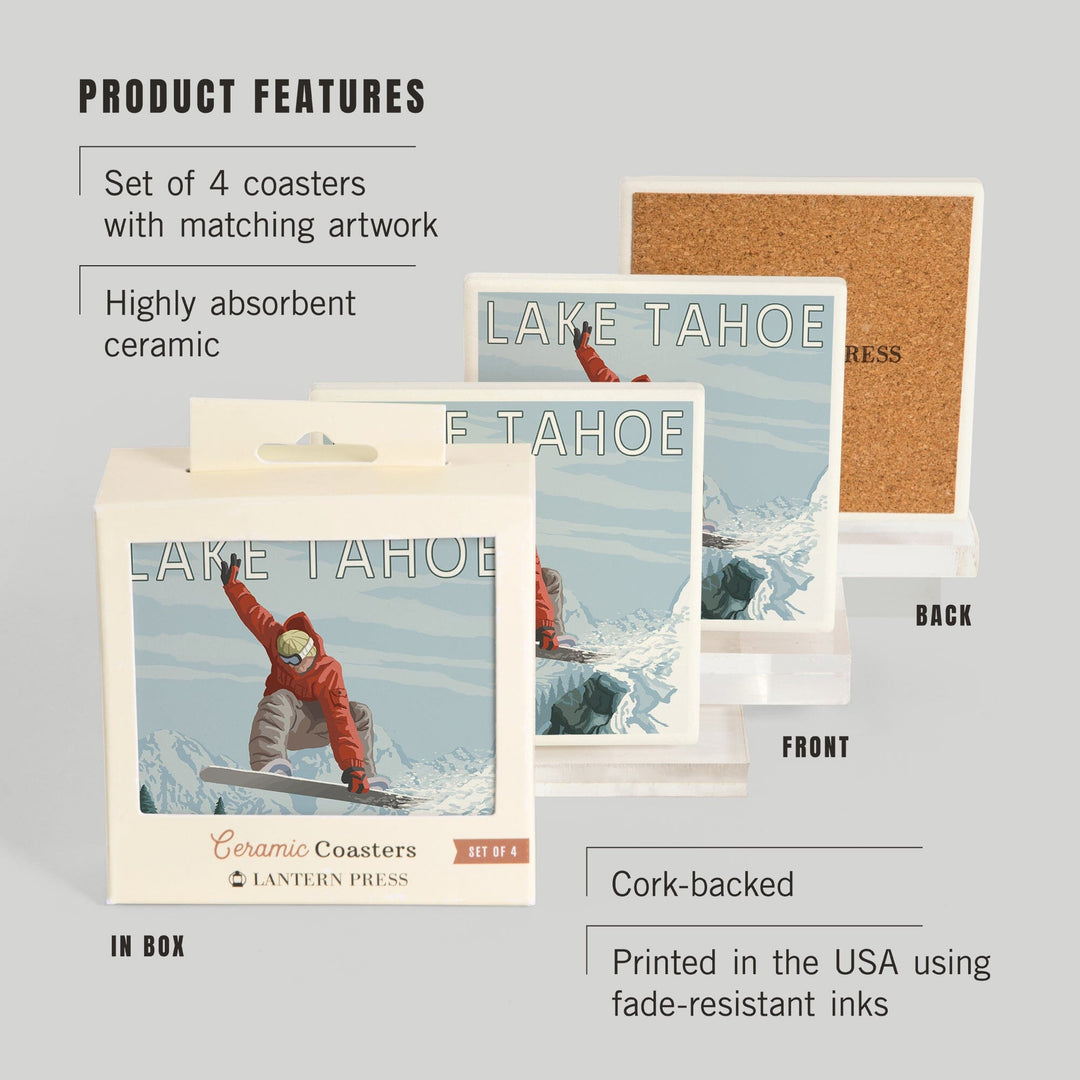 Lake Tahoe, California, Snowboarder Jumping, Lantern Press Artwork, Coaster Set - Lantern Press