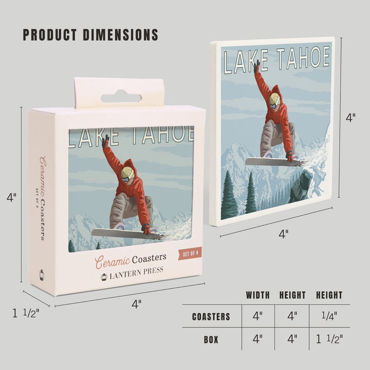 Lake Tahoe, California, Snowboarder Jumping, Lantern Press Artwork, Coaster Set - Lantern Press