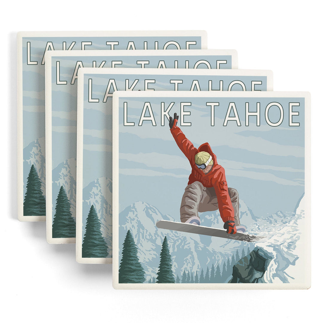 Lake Tahoe, California, Snowboarder Jumping, Lantern Press Artwork, Coaster Set - Lantern Press